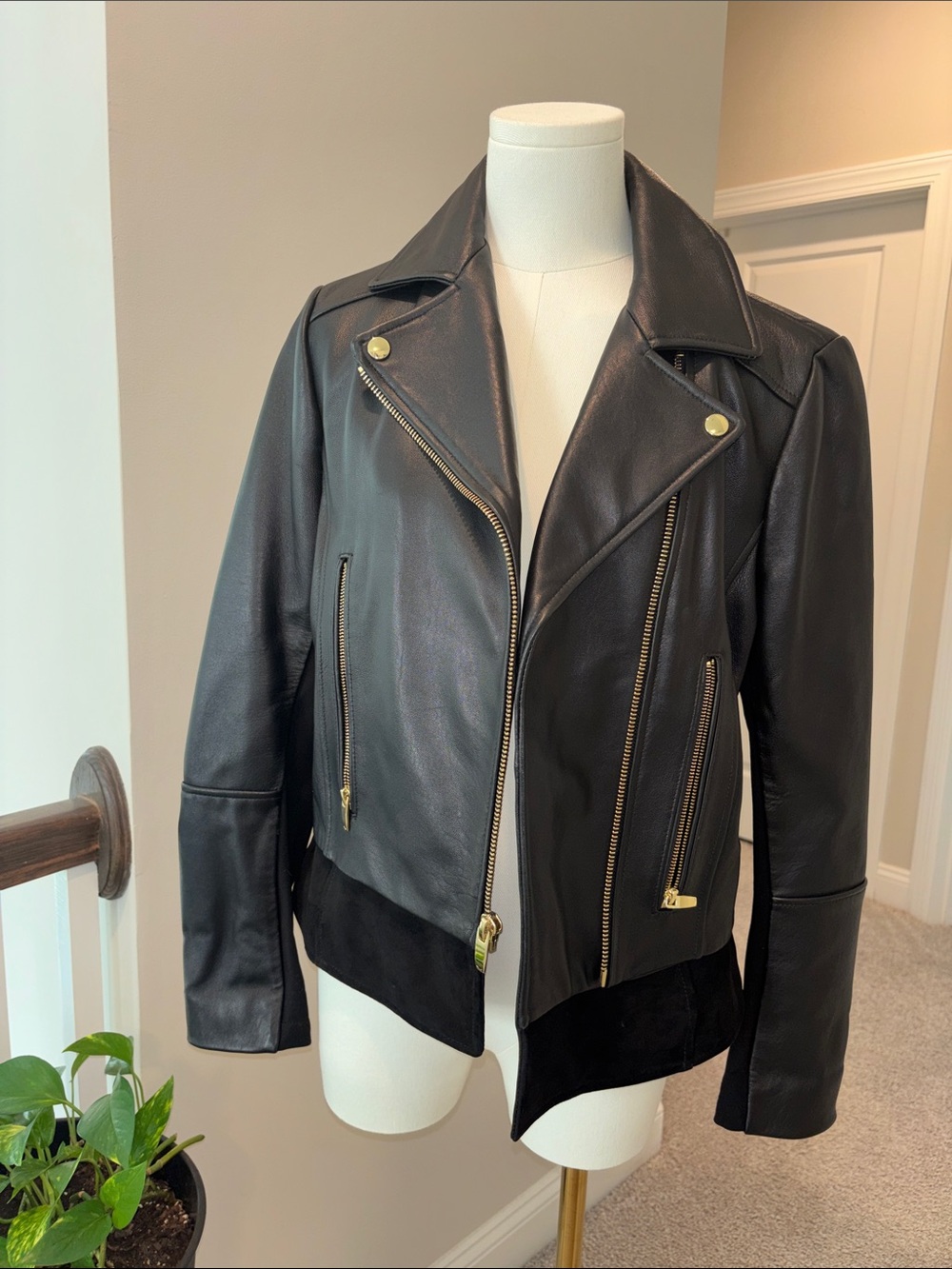 Via Spiga Black Leather Moto Jacket with Gold Hardware